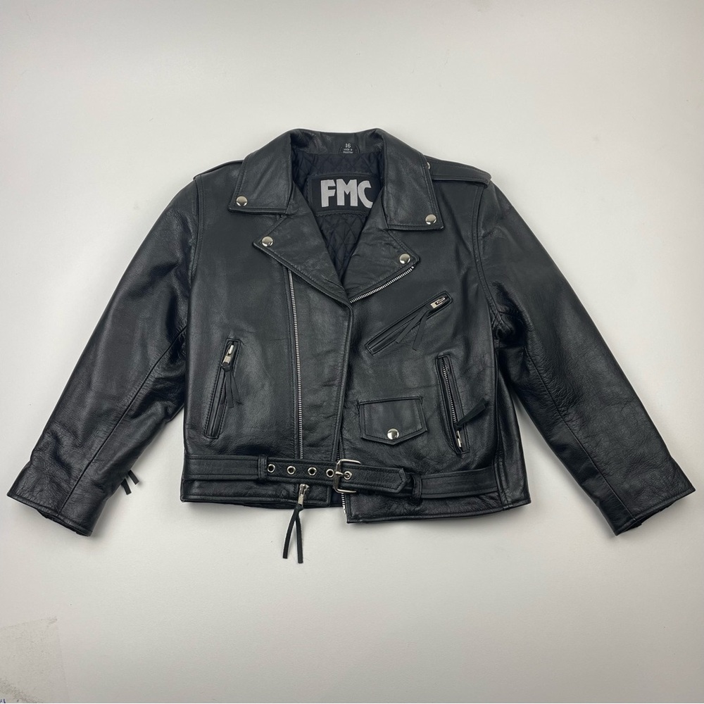 FMC Heavy Leather Jacket MOTORCYCLE BIKER Belted Black NWOT